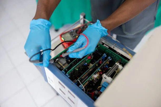 Técnico realizando mantenimiento a equipo médico